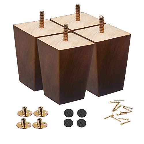 Wood Furniture Legs 5 inch Sofa Legs Pack of 4 Square Brown Couch Legs ,Mid century chair feet,Sofa replacement parts, For Dresser legs Sideboard Recliner couch Circle chair Couch riser Coffee Table
