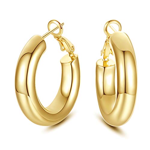 SHOWNII Chunky Gold Hoop Earrings, 14K Gold Plated Medium Chunky Tube Hoop Earrings for Women Lightweight Thick Hoops