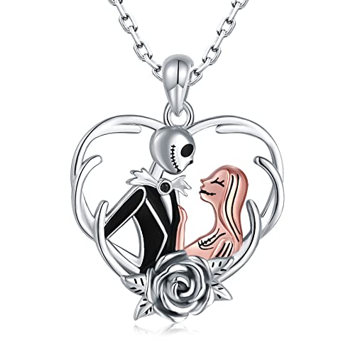 JZSANTI 925-Sterling-Silver Nightmare Necklace Gifts for Women - Jack And Sally Skull Rose Flower Heart Pendant Skellington Jewelry Nightmare Necklace Before Christmas Gifts for Wife Girls Girlfriend