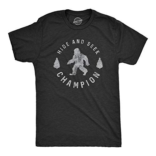 Crazy Dog Men T Shirt Hide and Seek Champion Funny Sasquatch Campfire Story Legend Shirt Bigfoot Tee Humor Witty Graphic Print Heather Black 3XL