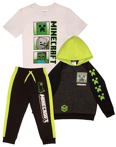 Minecraft Creeper Boys 3-Piece Bundle Set, Zip up Fashion Hoodie, Short Sleeve T-Shirt, and Jogger Sweatpants (Size 10/12, Grey/White/Black)