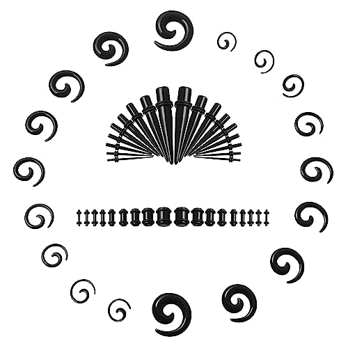 Memsion Ear Stretching Kit Gauges for Ears 54 Pieces 14G-00G Ear Gauges Expander Set Acrylic Ear Spiral Tapers and Plugs Body Earring Piercing Kits Black Color