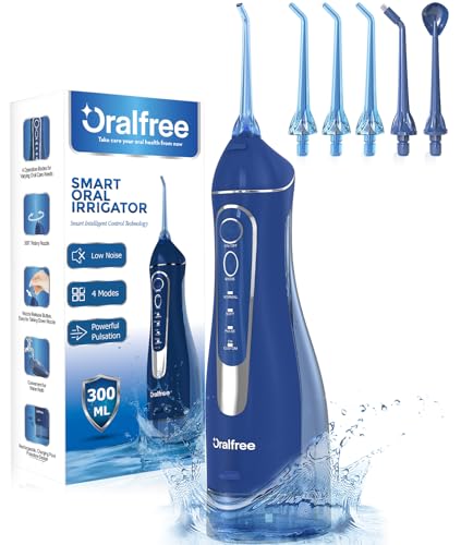 Oralfree Water Dental Flosser Cordless for Teeth Cleaning - 4 Modes Oral Irrigator 300ML Braces Flossers Cleaner, Rechargeable Portable IPX7 Waterproof Powerful Battery for Travel Home