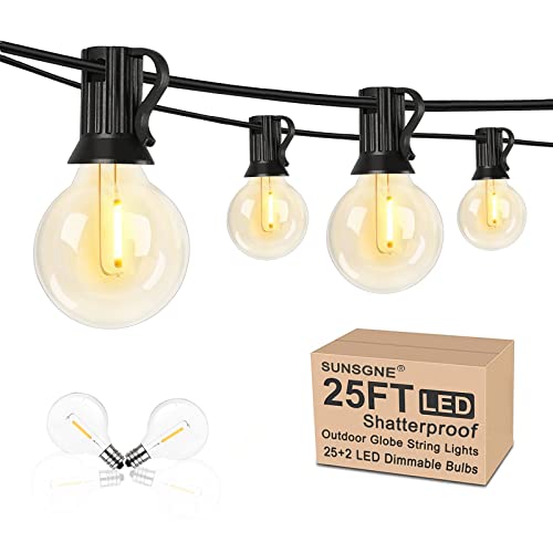 25Ft Globe Led Outdoor String Lights Waterproof Shatterproof, Connectable Hanging Patio String Lights with 25 LED Plastic Clear Bulbs, Outdoor Indoor Lights for Café Bistro Pergola Tents, Black Wire