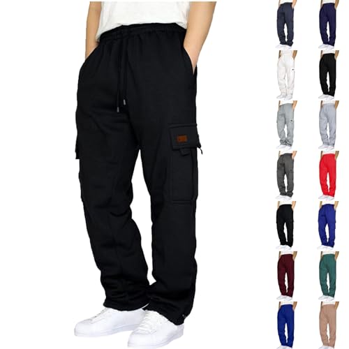 Today 2024, Cargo Sweatpants for Men Fleece Open Bottom Drawstring Baggy Joggers Loose Fit Tech Athletic Workout Gym Pants Pocket Black-1, S Homegoods Online Store,