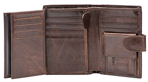 POKOFO Large RFID Genuine Leather Card Holder Trifold Wallet Snap Closure 3 ID Windows for men (Chocolate)