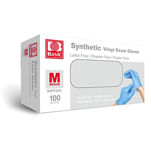 Synthetic Vinyl Exam Gloves - Latex-Free & Powder-Free - Medium, BMPF-3002(Box of 100) Blue