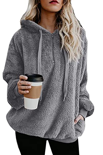 ReachMe Womens Oversized Sherpa Pullover Hoodie with Pockets Fuzzy Fleece Sweatshirt Buffalo Plaid Fluffy Coat(A Grey,L)