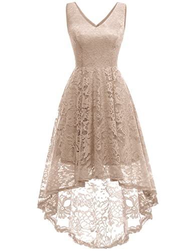 MUADRESS Women's Elegant Floral Lace Dress Sleeveless V-Neck Hi-Lo Cocktail Dress for Evening Party Champagne M