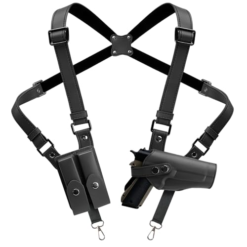 Shoulder Holster General Vertical Gun Holster Adjustable PU Leather for Concealed Carry with Double Magazine Pouch - Fit 1911, Glock 17/19/23 and Most Kinds of Pistols- for Right Hand use