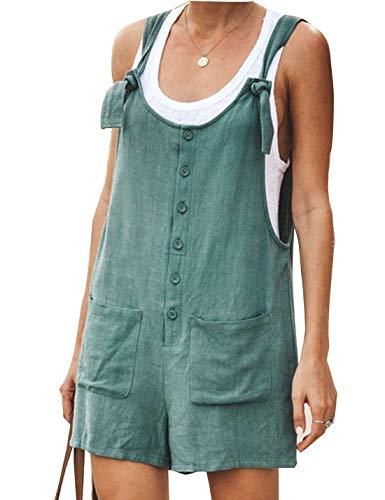 Yeokou Women's Casual Summer Cotton Linen Rompers Overalls Jumpsuit Shorts(DarkGreen-S)