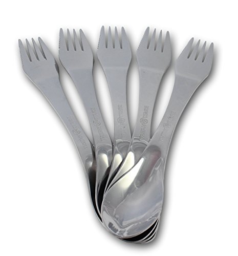 5 Stainless Steel Sporks- Extremely Strong Stainless Steel Spork Set- Ergonomic Fork Curve With Serrated Edge On Fork- Deep Spoon Bowl- Great For Camping, Travel, And Any On The Go Scenarios