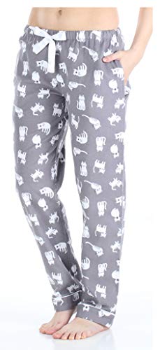 PajamaMania Women's Cotton Flannel Pajama PJ Pants with Pockets, Grey Cats, Large
