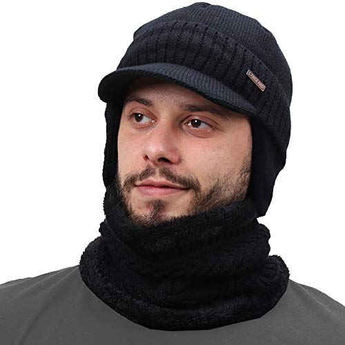 30% Wool Winter Beanie w/Visor & Earflaps for Men Outdoor Fleece Hat Scarf Set