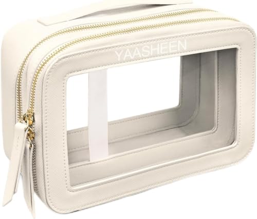 YAASHEEN Clear Makeup Bag, Waterproof Cosmetic Case with Zipper, 2 Separate Compartments, Ideal Travel Makeup Bag for Women (White)