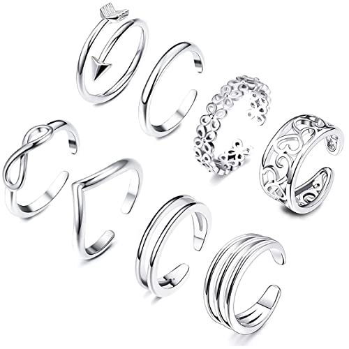 KOHOTA 12PCS 18K Gold Plated Adjustable Toe Rings for women Summer Beach Open Toe Rings Set Flower Arrow Tail Pinky Band Rings Barefoot Foot Jewelry (Silver color-8pcs)