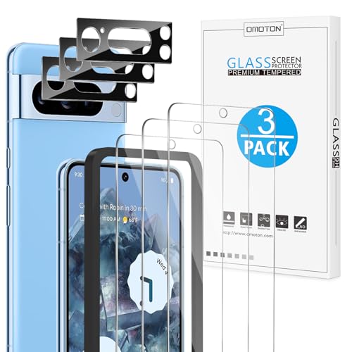 OMOTON 3+3 Pack for Pixel 8 Pro Screen Protector, 3 Pack for Google Pixel 8 Pro Tempered Glass, 3 Pack Camera Lens Protector, Fingerprint Compatible/Alignment Frame(6.7 Inch, 2023 Released)