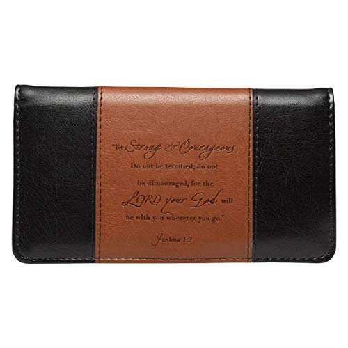 Checkbook Cover for Women & Men “Strong & Courageous” Christian Black and Tan Wallet, Faux Leather Christian Checkbook Cover for Duplicate Checks & Credit Cards - Joshua 1:9