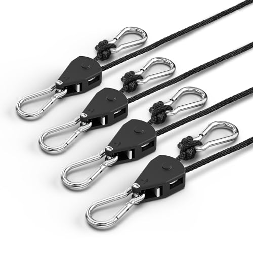 Fondwell 1/8' Adjustable Grow Light Hanger: 4-Pack Rope Hangers Tie Downs Ratchet Straps with Reinforced Metal Gear - Heavy Duty Pulley System for Various Hanging and Strapping