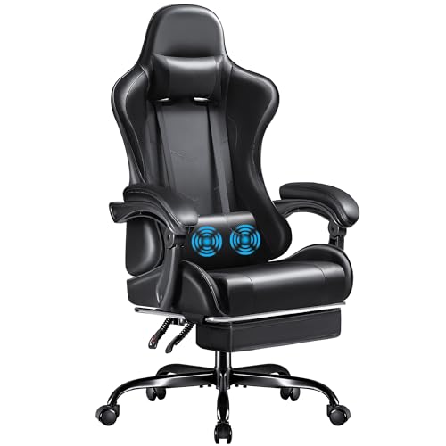 Furmax Gaming Chair, Video Game Chair with Footrest and Massage Lumbar Support, Swivel Seat Height Adjustable Computer Chair with Headrest, Racing E-Sport Gamer Chair (Black)