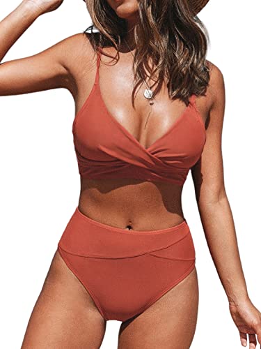 CUPSHE Women's Bikini Sets Two Piece Swimsuit High Waisted V Neck Twist Front Adjustable Spaghetti Straps Bathing Suit, S Brick Red