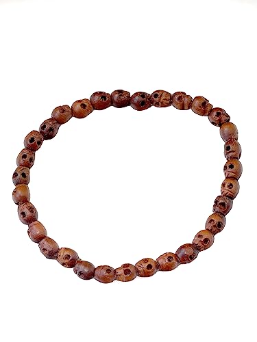 Spyglass Designs Skull Bracelet Brown Wood Wooden Small Carved Mala Beads Girl or Women Stretchy Adjustable, 7'