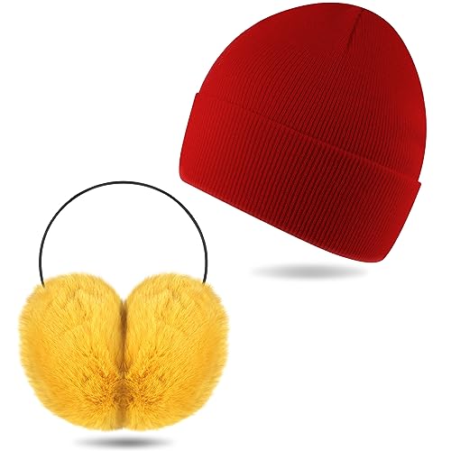 Toulite 2 Pcs Christmas Adult Knit Beanie Unisex Ear Muffs Set Winter Red Warm Snug Knit Hat Yellow Ear Warmers Cute Faux Fur Ear Covers Headband for Men Women Cosplay Parties Outdoor Gifts