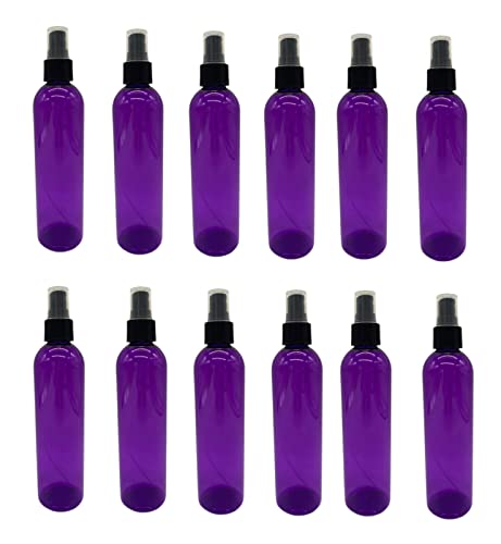 Natural Farms 12 Pack – 8 oz -Purple Cosmo Plastic Bottles – Black Fine Mist Atomizer - for Essential Oils, Perfumes, Cleaning Products