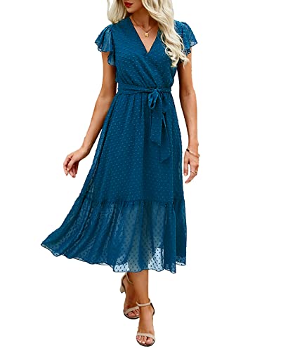 BTFBM Women Summer Bohemian Floral Casual Wrap V Neck Ruffle Cap Sleeveless Belt A-Line Pleated Hem Swing Midi Sun Dress (Swiss Dot Lake Blue, m)