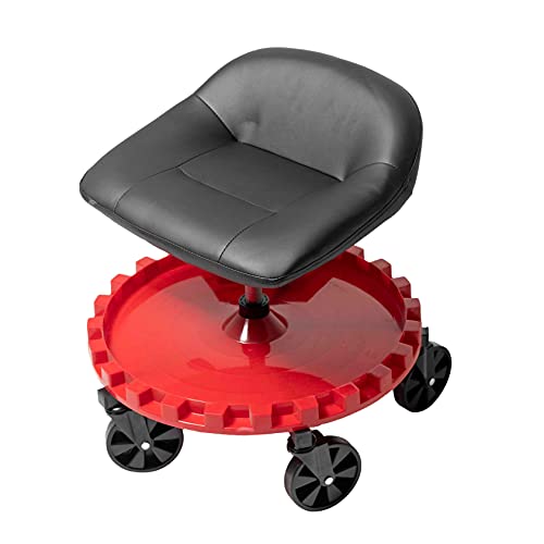 Traxion 2-230 Monster Rolling Padded Mechanic Stool Seat Garage Shop Roller Work Chair with Wheels and Tool Tray, Heavy-Duty 400-lb Capacity, All-Terrain 5' Casters, Black Red