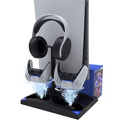 BEJOY Vertical Cooling Fans Stand for PS5 / PS5 Digital Edition, 2 DualSense Controllers Charging Staion and Gaming Headset Holder, 17 Games Storage with USB Type-C Ports, Black