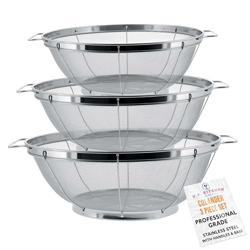 U.S. Kitchen Supply - 3 Piece Colander Set - Stainless Steel Mesh Strainer Net Baskets with Handles & Resting Base - 11' 5 Quart, 9.5' 4 Quart and 8.5' 3 Quart - Strain, Drain, Rinse, Steam or Cook