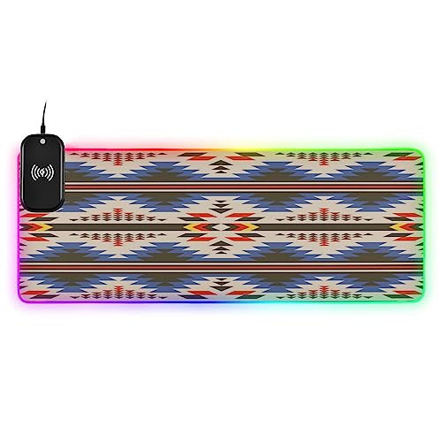 Nesatuwa Aztec Navajo Design Mouse Pad with Wireless Charging 15W Fast Wireless Chargering Non-Slip Keyboard Pad 14 Light Modes Gaming Mouse Pad 35.4 'X15.7