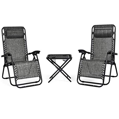 Giantex 3 PCS Zero Gravity Chair Patio Chaise Lounge Chairs Outdoor Yard Pool Recliner Folding Lounge Table Chair Set (Gray)