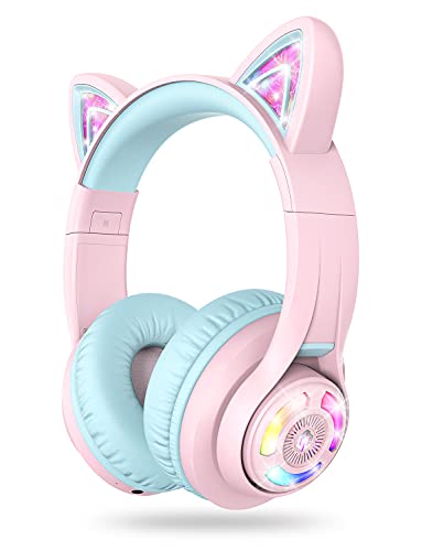 iClever Cat Ear Kids Bluetooth Headphones, LED Lights Up, 74/85/94dB Volume Limited, 50H Playtime,Bluetooth 5.2, USB C, Kids Headphones Wireless for Travel iPad Tablet, Meow Macaron