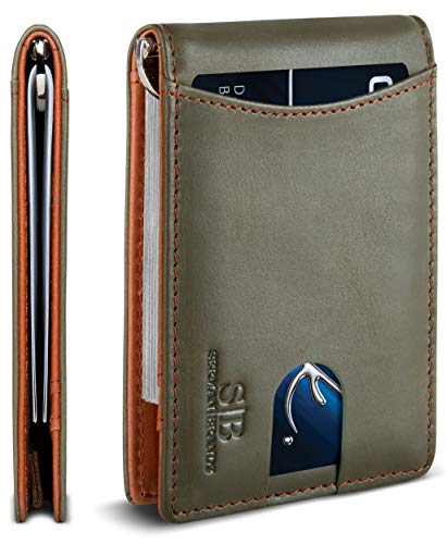 SERMAN BRANDS RFID Blocking Slim Bifold Genuine Leather Minimalist Front Pocket Wallets for Men with Money Clip Thin Gift (Salted Green 1.S)