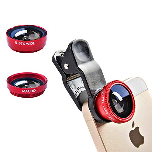 3 in 1 Cell Phone Camera Lens Kit Wide Angle Macro Fisheye Lens Universal for Smart Phones iPhone Samsung Android(Red)