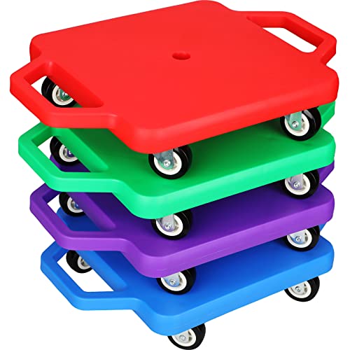 4 Pieces Sports Scooter Board with Handles Plastic Casters Floor Scooter Board Sitting Scooter Board for Kids Children Gym Indoor Outdoor Activities Play Equipment, 11.8 x 11.8 inch (Multi Colors)