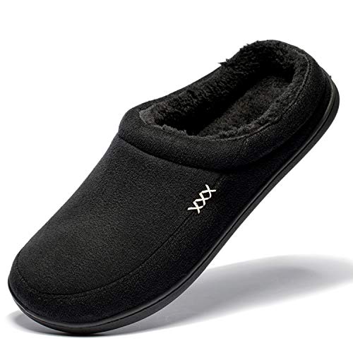 NewDenBer Men's Warm Memory Foam Suede Plush Fleece Lined Slip on Indoor Outdoor Clog House Slippers (11-12 D(M) US, Black)