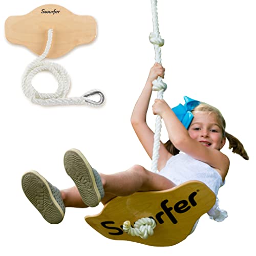 Swurfer Swift - Maple Wood Disc Swing for Kids Ages 4 and Up, Holds up to 150 Pounds - Includes 18' Curved Seat Swing with Heavy Duty Braided Rope, Brown