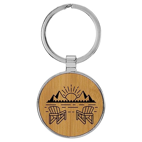 Enthoozies Lake Life Sunset Adirondack Chairs Tan Laser Engraved Leatherette Keychain Backpack Pull - 1.5 x 3 Inches