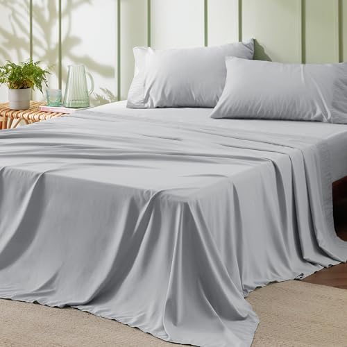 Bedsure Queen Sheet Set - Soft Sheets for Queen Size Bed, 4 Pieces Hotel Luxury Light Grey Sheets Queen, Easy Care Polyester Microfiber Cooling Bed Sheet Set