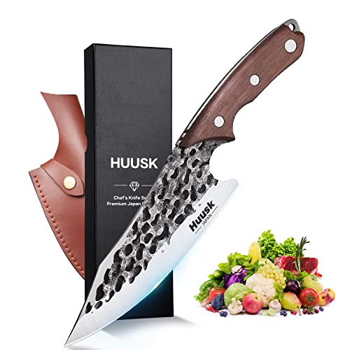 Huusk Japan Knife, Viking Knife with Sheath Hand Forged Boning Knife for Meat Cutting Japanese Chef Knife Full Tang Caveman Knife for Kitchen, Outdoor Camping, Christmas Gifts Idea