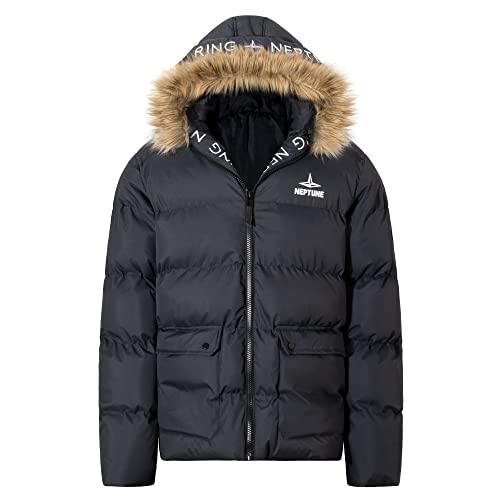 MADHERO Mens Puffer Jacket Winter Warm Heavyweight Waterproof Down Coat Faux Fur Dark Grey Size 2XL