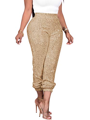 nqgsntc Women Sexy Sequined Pants High Waist Glitter Sparkle Club Wear Leggings Tights XL Gold