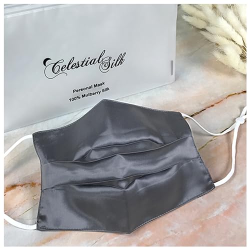 Celestial Silk Premium 22 Momme Silk Face Mask Reusable and Washable Anti Dust Mouth Cover with Adjustable Ear Loops Women (Pleated, Charcoal)