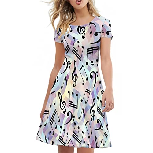 Biyejit Music Notes Pattern Women's Casual Summer Dresses Short Sleeve Swing Dress Work A-Line Dresses Flowy Party Flare Midi Dresses Plus Size S-4XL