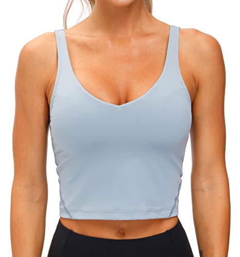 Women’s Longline Sports Bra Wirefree Padded Medium Support Yoga Bras Gym Running Workout Tank Tops (Denim Blue, Large)