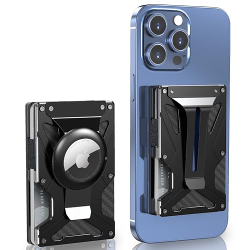 KLVEOL Mag Safe Wallet Case, The First Patent Card Holders 2 in 1 Air Tag Holder and Money Clip, Magnetic Adhesive Wallet for iPhone Series of 15/14/13/12 Pro/ProMax and Magsafe Devise, Black