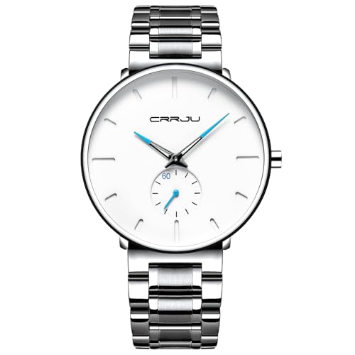 Mens Watches Ultra-Thin Minimalist Waterproof-Fashion Wrist Watch for Men Unisex Dress with Stainless Steel Band-Blue Hands White Face